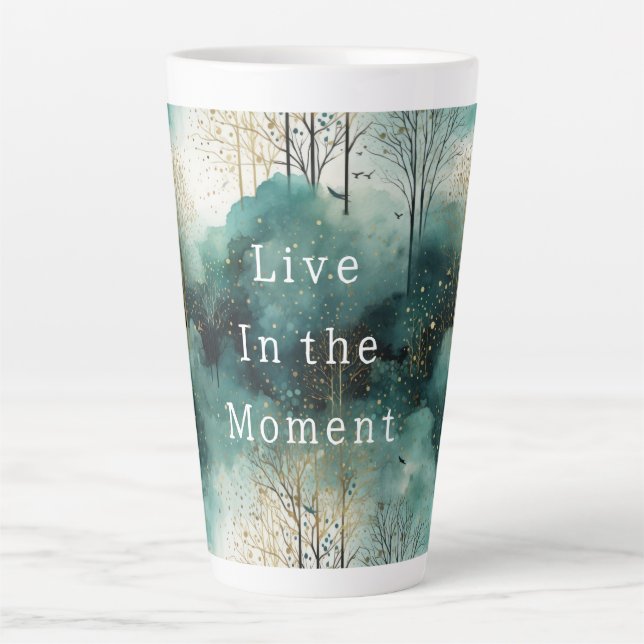 Tasse Latte Arbres Vert Doré avec Oiseaux Noël (Devant)