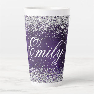 Tasse Latte Argent Personnalisé Pailleté Violet Foncé Feuille