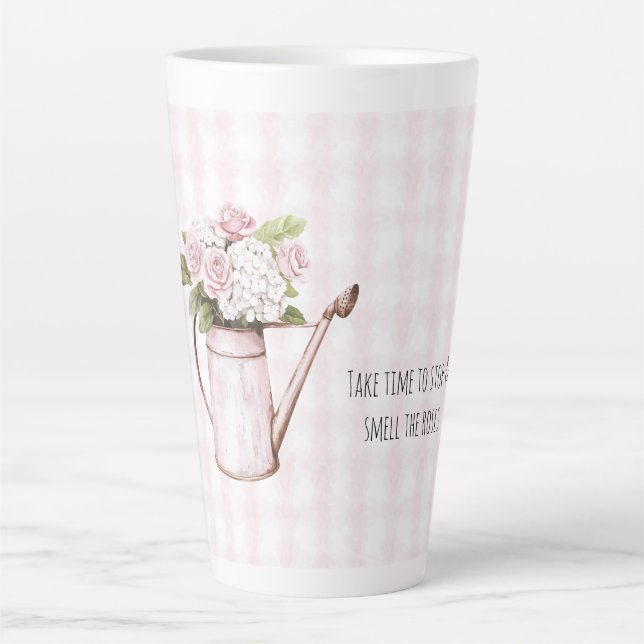 Tasse Latte Arrosoir Fleurs Blanches Roses Roses (Devant)