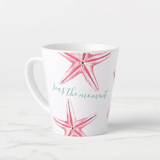 Tasse Latte Art aquarelle Étoile de mer rose côtier (Angle gauche)