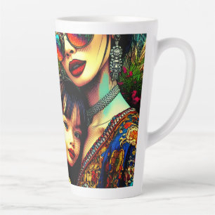 Tasse Latte Art coloré Maman et fille Jardin Fleur asiatique