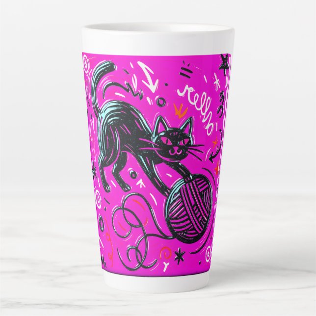 Tasse Latte Art de chat noir néon (Devant)