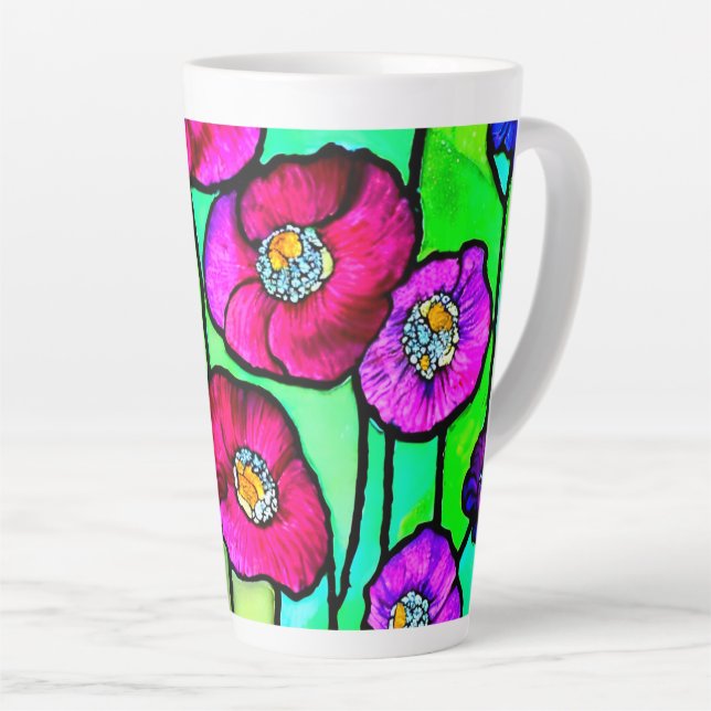 Tasse Latte Art de verre aux anémones (Angle droit)