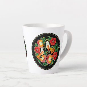 Tasse Latte Art Folk Exquise Oiseaux Fleurs Belle Décor