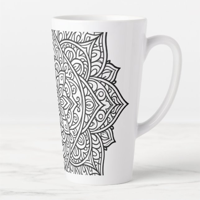 Tasse Latte Art mandala aux lignes noires complexes (Droite)