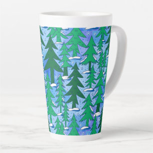 Tasse Latte Art Naïf Forêt de Sapins Hiver Vert Bleu