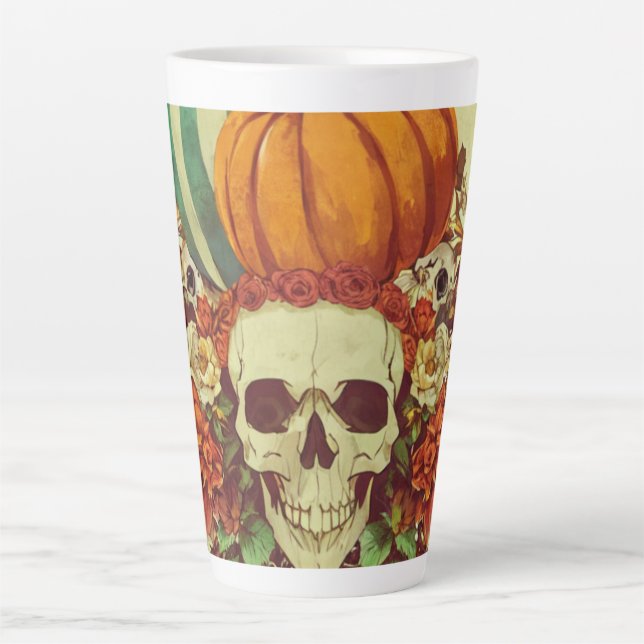 Tasse Latte Automne/Halloween/citrouille/squelette  (Devant)