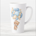 Tasse Latte Baby shower Ballons Bleus Ours Teddy<br><div class="desc">Ce design présente un ours en peluche convivial avec ballon bleu et crème. Le texte "Baby shower" est écrit dans une police de script.</div>