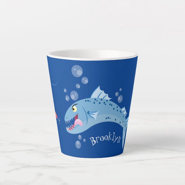 Tasse Latte Barracuda poisson affamé de la pêche dessin animé (Devant)
