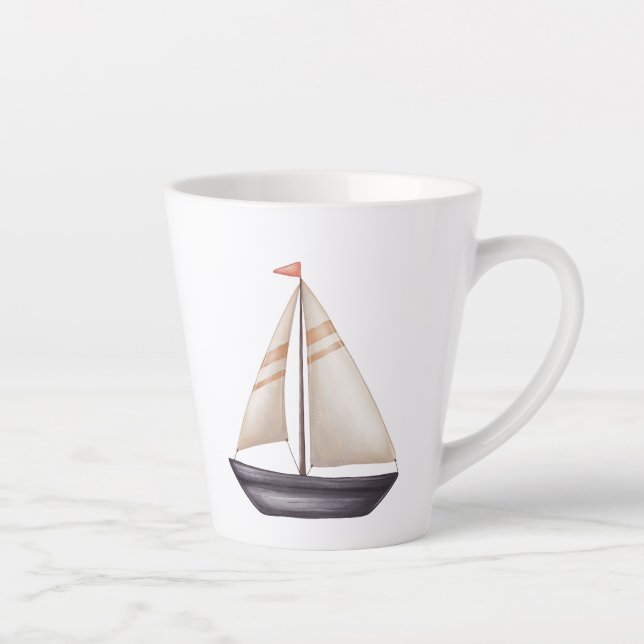 Tasse Latte Bateau à voile marron et nom (Droite)