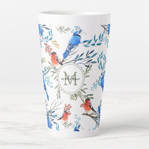 Tasse Latte Beau Aquarelle Oiseaux et Motif de Foliage