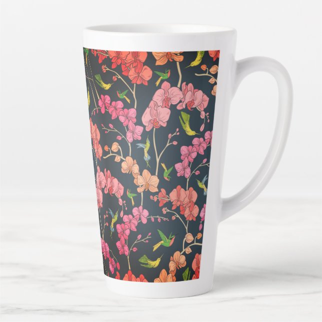 Tasse Latte Beau modèle d'oiseaux et d'orchidées (Droite)