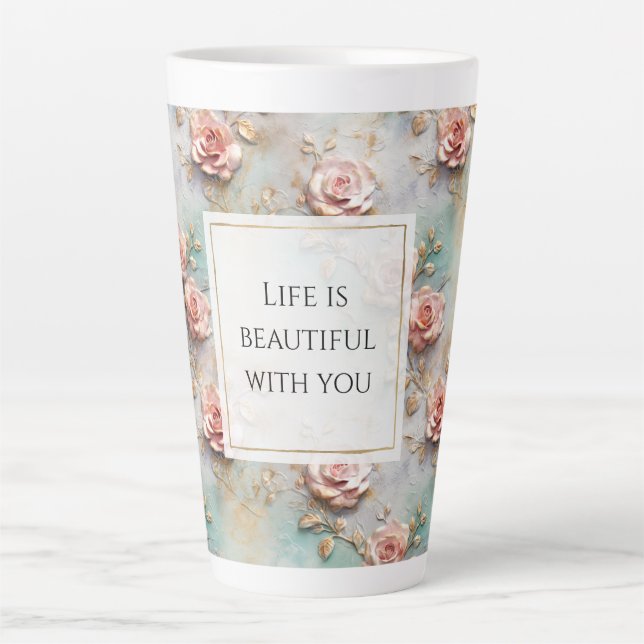 Tasse Latte Beau Romantique Rose rose rose Roses romantiques (Devant)