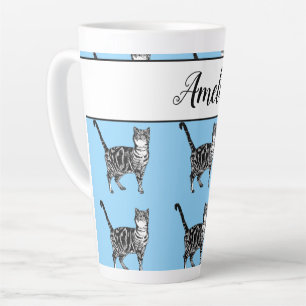 Tasse Latte Bébé Bleu Blanc Tabby chat Chats Whimsical Art