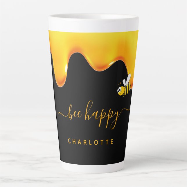 Tasse Latte Bee Happy noir mignon bourdons abeilles gouttant d (Devant)