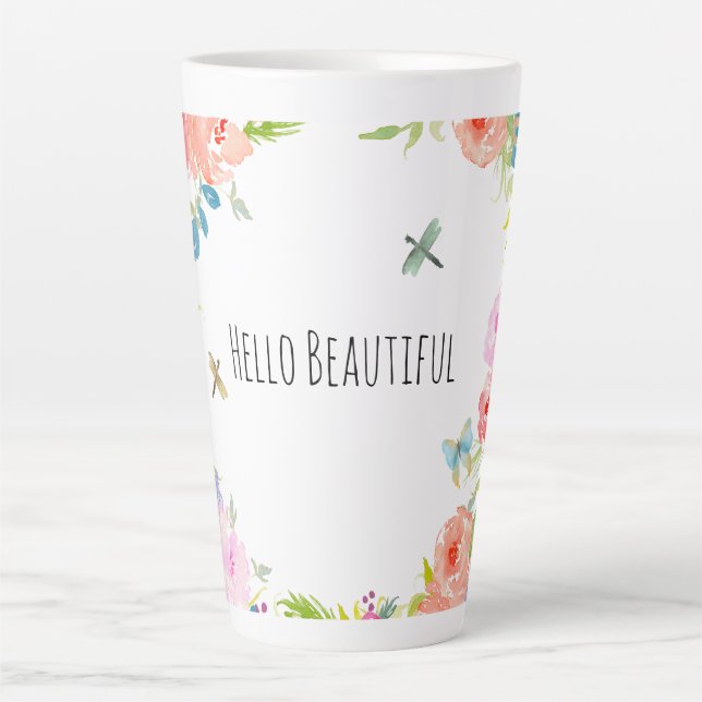 Tasse Latte Belle Peach Rose or Aquarelle Jaune Rose Floral (Devant)