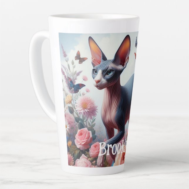 Tasse Latte Belle Sphynx Chat & Fleurs (Angle gauche)