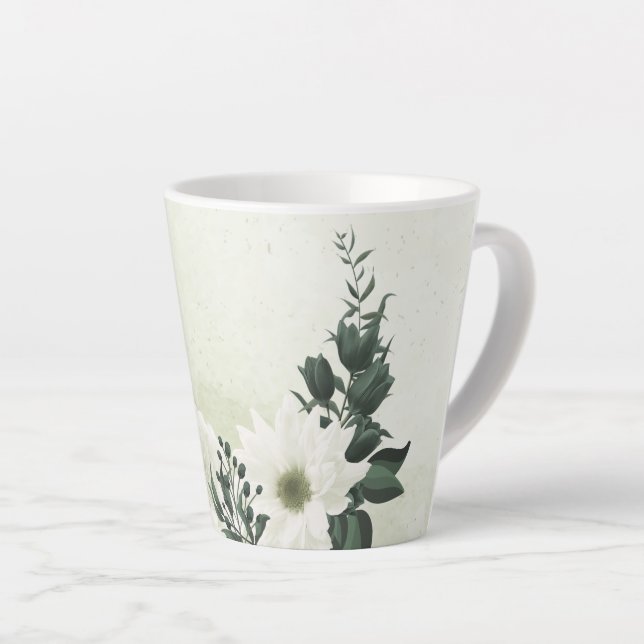 Tasse Latte Belles fleurs blanches feuilles vertes (Angle droit)