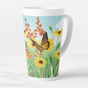 Tasse Latte Belles Fleurs Jaunes Ciel Bleu et Papillon