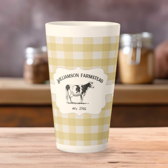 Tasse Latte Bison jaune Plaid Farm Cow LatMug (Yellow Buffalo Plaid Farm Cow Latte Mug)