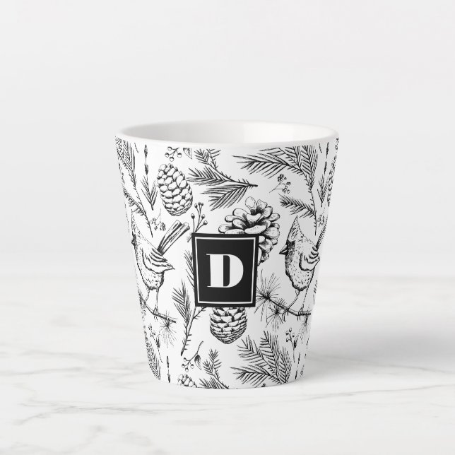 Tasse Latte Black Cardinal moderne Pine d'oiseaux Baies d'hive (Devant)