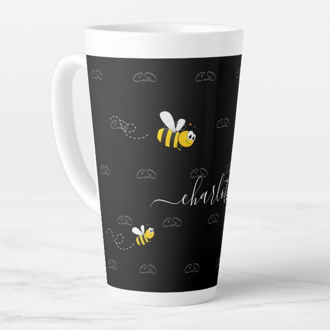 Tasse Latte Black happy bumble abeilles été fun humour monogra (Angle gauche)