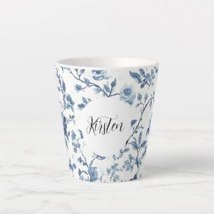 Tasse Latte Blanc Bleu Floral Chic