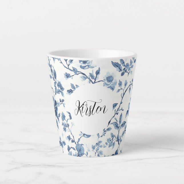 Tasse Latte Blanc Bleu Floral Chic   (Devant)