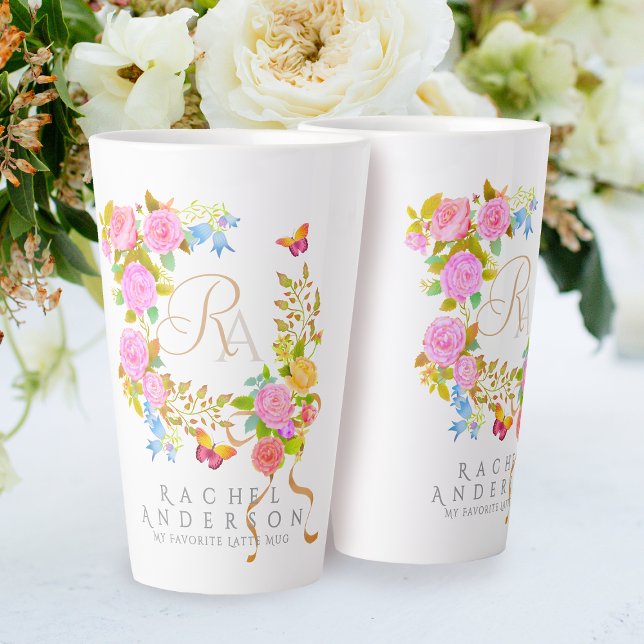 Tasse Latte Blanche à Monogramme de Jardin Fleuri  (Elegant romantic flowers monogram design.)