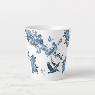 Tasse Latte Bleu blanc Chinoiserie Floral élégant Monogramme