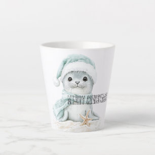 Tasse Latte Bleu Blanc Père Noël Écharpe Sceau Noël