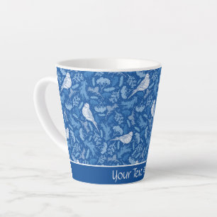 Tasse Latte Bleu clair et blanc hivernal Oiseaux motifs florau