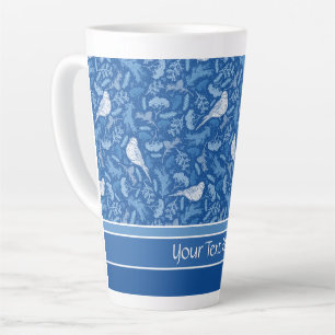 Tasse Latte Bleu clair et blanc hivernal Oiseaux motifs florau