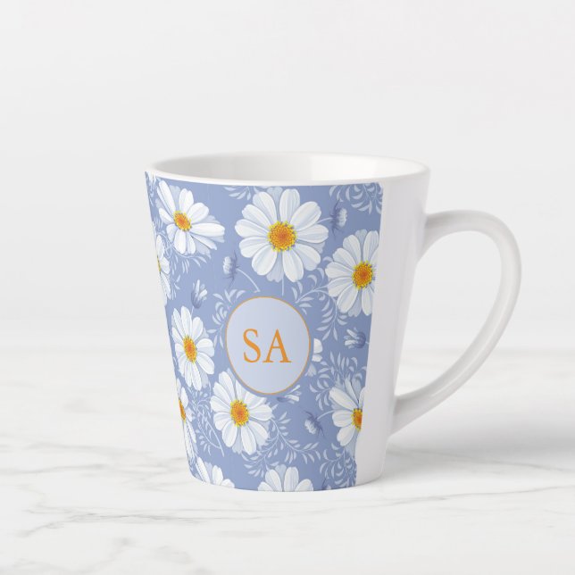 Tasse Latte Bleu Floral Monographique, Orange, Blanc (Droite)