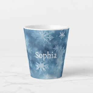 Tasse Latte Bleu Hiver Flocons de Neige Blanc Noël