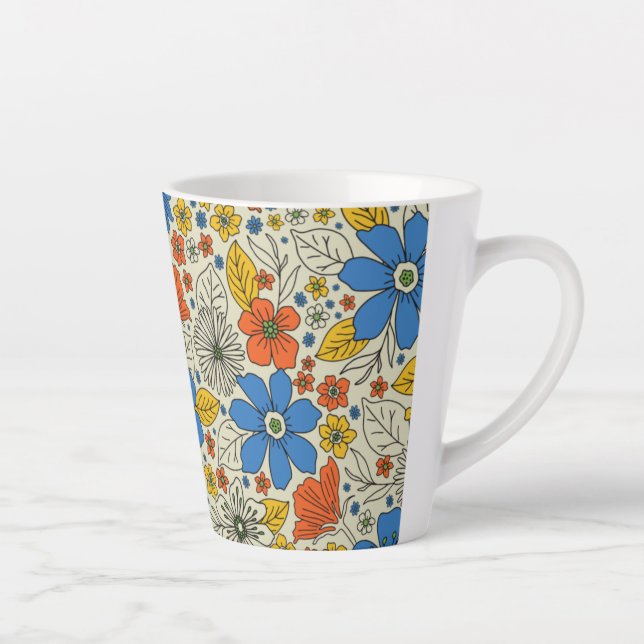 Tasse Latte Bleu rétro, Jaune & Orange Floral (Droite)