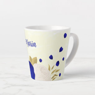 Tasse Latte bleu royal & fleurs blanches or botanique mariage
