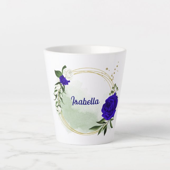 Tasse Latte bleu royal & fleurs blanches verdure (Devant)