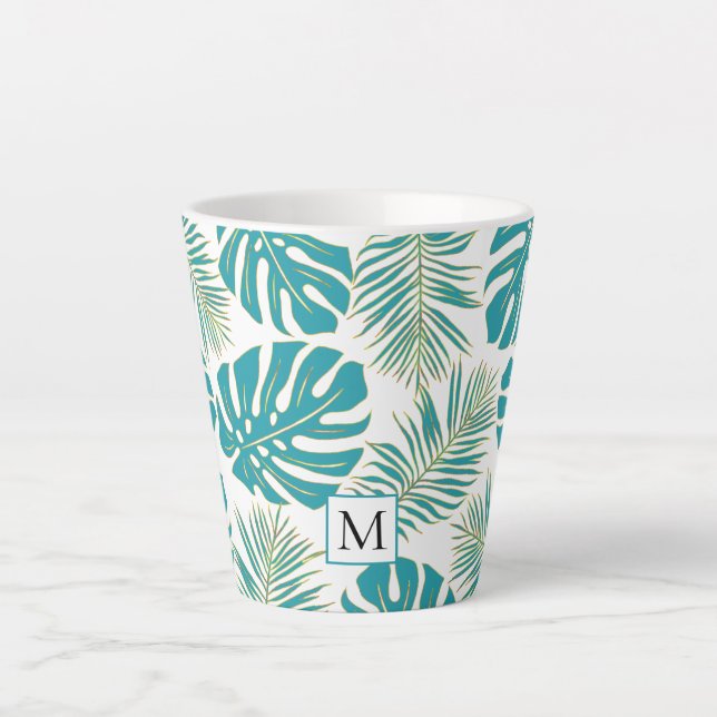 Tasse Latte Bleu tropical, feuilles or et monogramme (Devant)