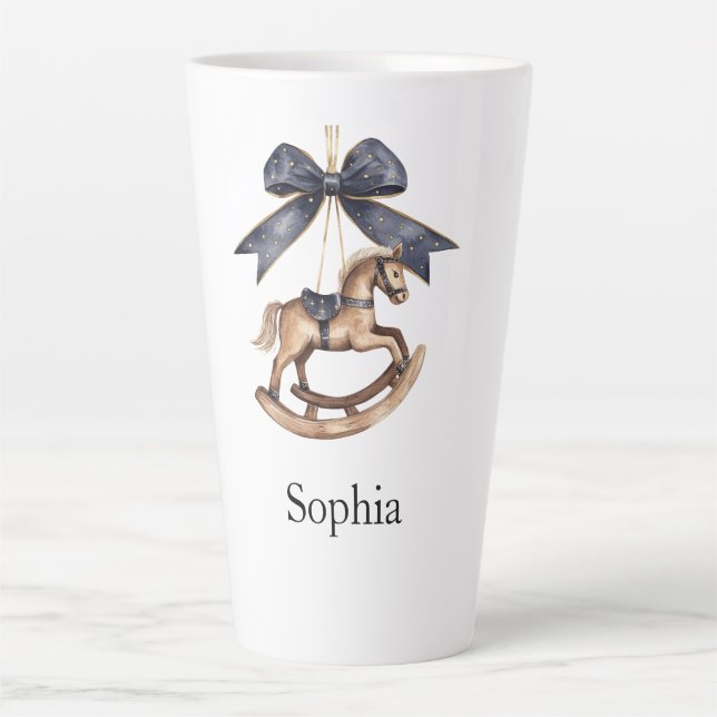 Tasse Latte Blue Bow Rocking Horse Christmas (Devant)
