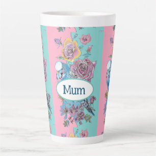 Tasse Latte Blue Budgie Bird Rose Floral Pink Aqua Mothers Day