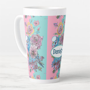 Tasse Latte Blue Budgie Bird Rose Floral rose Aqua Girls Nom