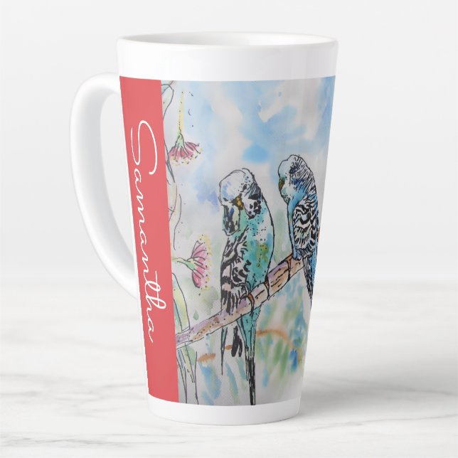 Tasse Latte Blue Budgie Perruches Peintures Aquarelle Nom De F (Angle gauche)