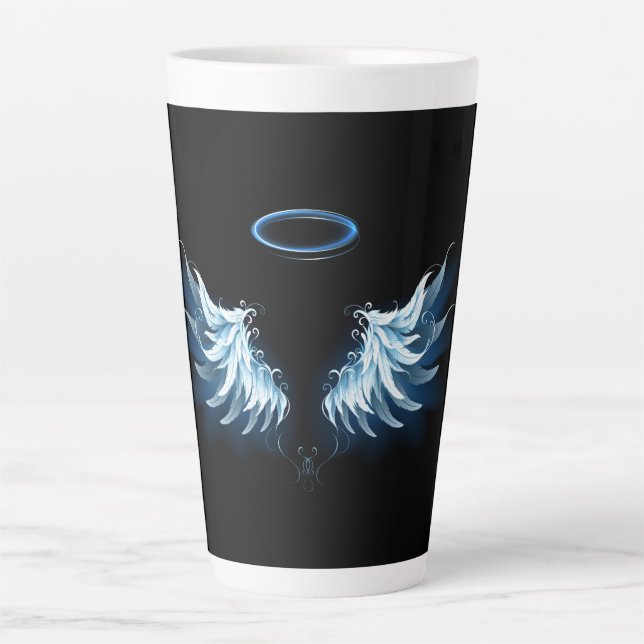 Tasse Latte Blue Glowing Angel Wings on black background (Devant)
