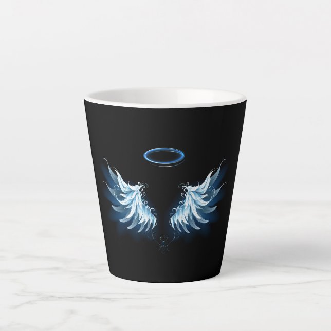 Tasse Latte Blue Glowing Angel Wings on black background (Devant)
