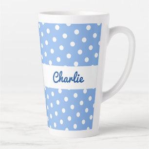 Tasse Latte Blue Polka Dot Motif élégant Nom Personnalisé Joli