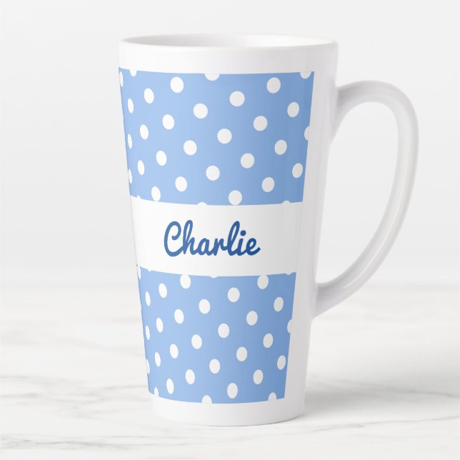 Tasse Latte Blue Polka Dot Motif élégant Nom Personnalisé Joli (Droite)