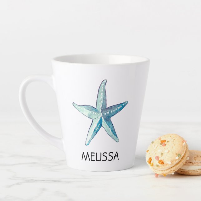 Tasse Latte Blue Starfish Plage Nautique Coquillage Thème (En situation)
