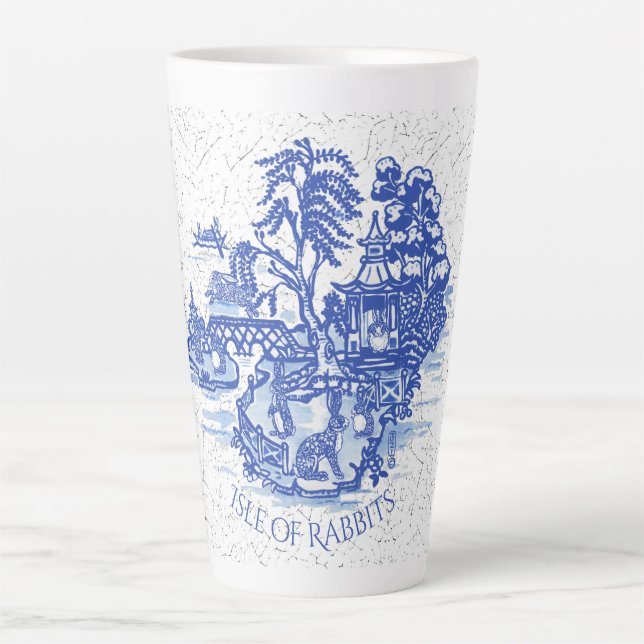 Tasse Latte Blue Willow Rabbit Island Whimsical Crackle Look (Devant)
