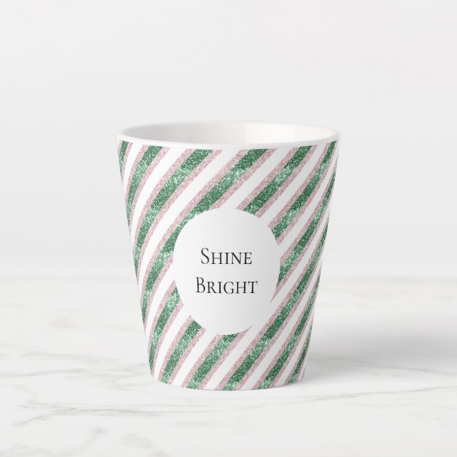 Tasse Latte Blush Pink Green Glitzy Stripes Christmas (Devant)